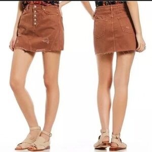 We The Free Rust Orange Distressed Denim Mini Skirt | High Rise Raw Hem Western